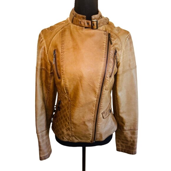 Vintage Max Edition Camel Faux Leather Moto Biker Jacket Coat S Street Style 90s - Picture 1 of 16